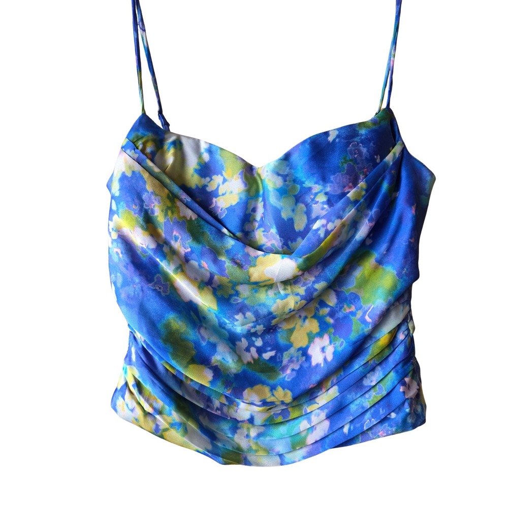 ASTR The Label Azura Top Medium Blue Floral Cowl Neck Smocked Back Crop Cami NWT